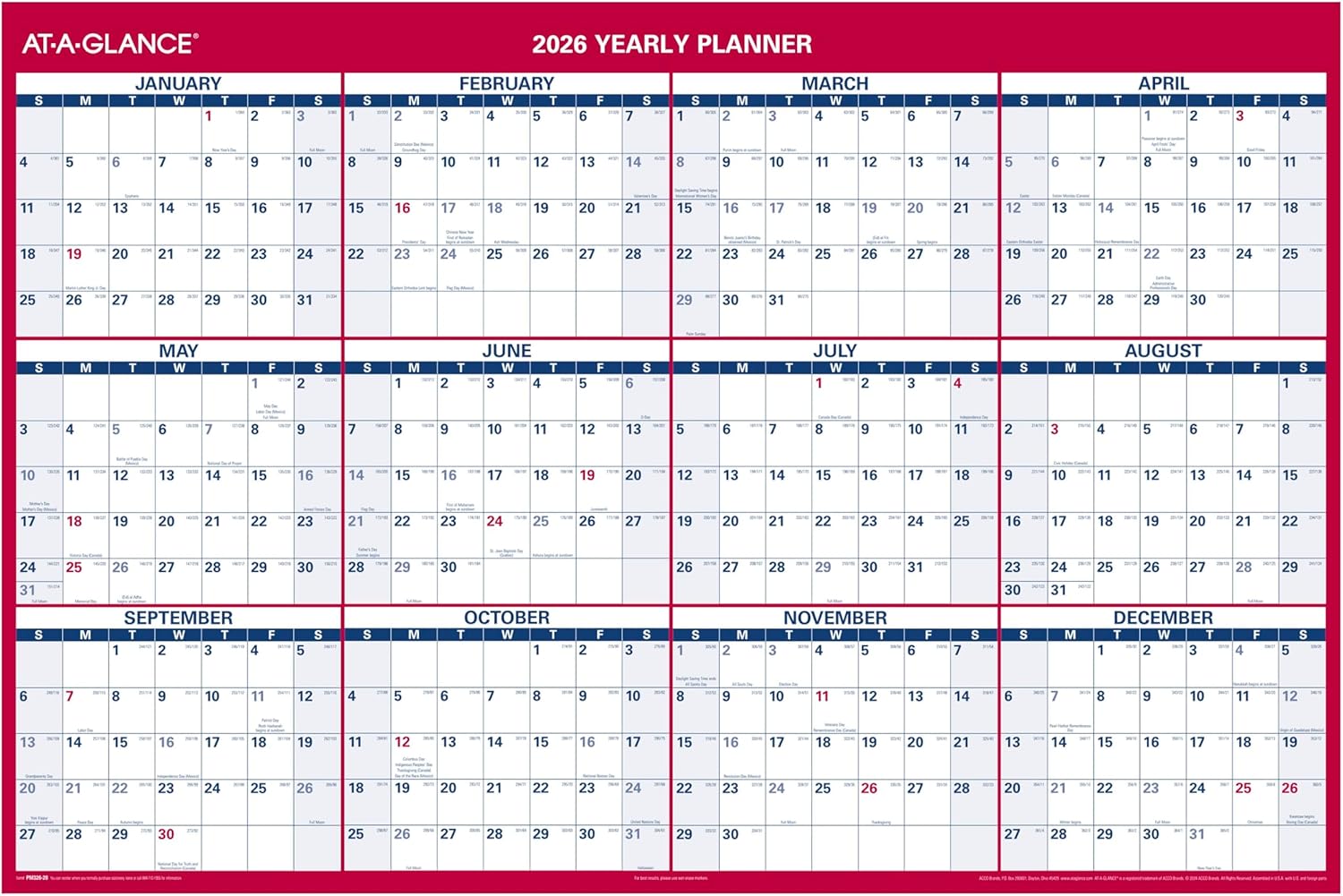 AT-A-GLANCE 2026 Erasable Calendar for Yearly Planning Needs