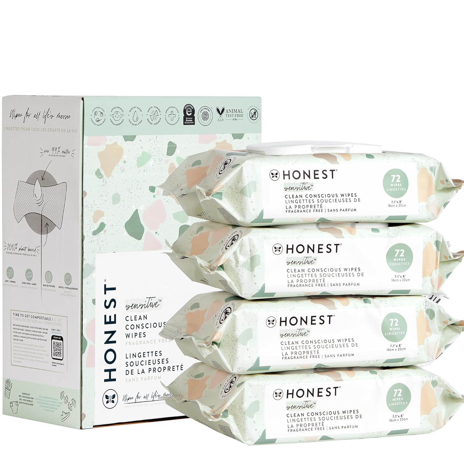 Honest Co. Plant-Based Baby Wipes | Hypoallergenic, 99% Water, Compostable | Geo Mood, 288 Ct.
