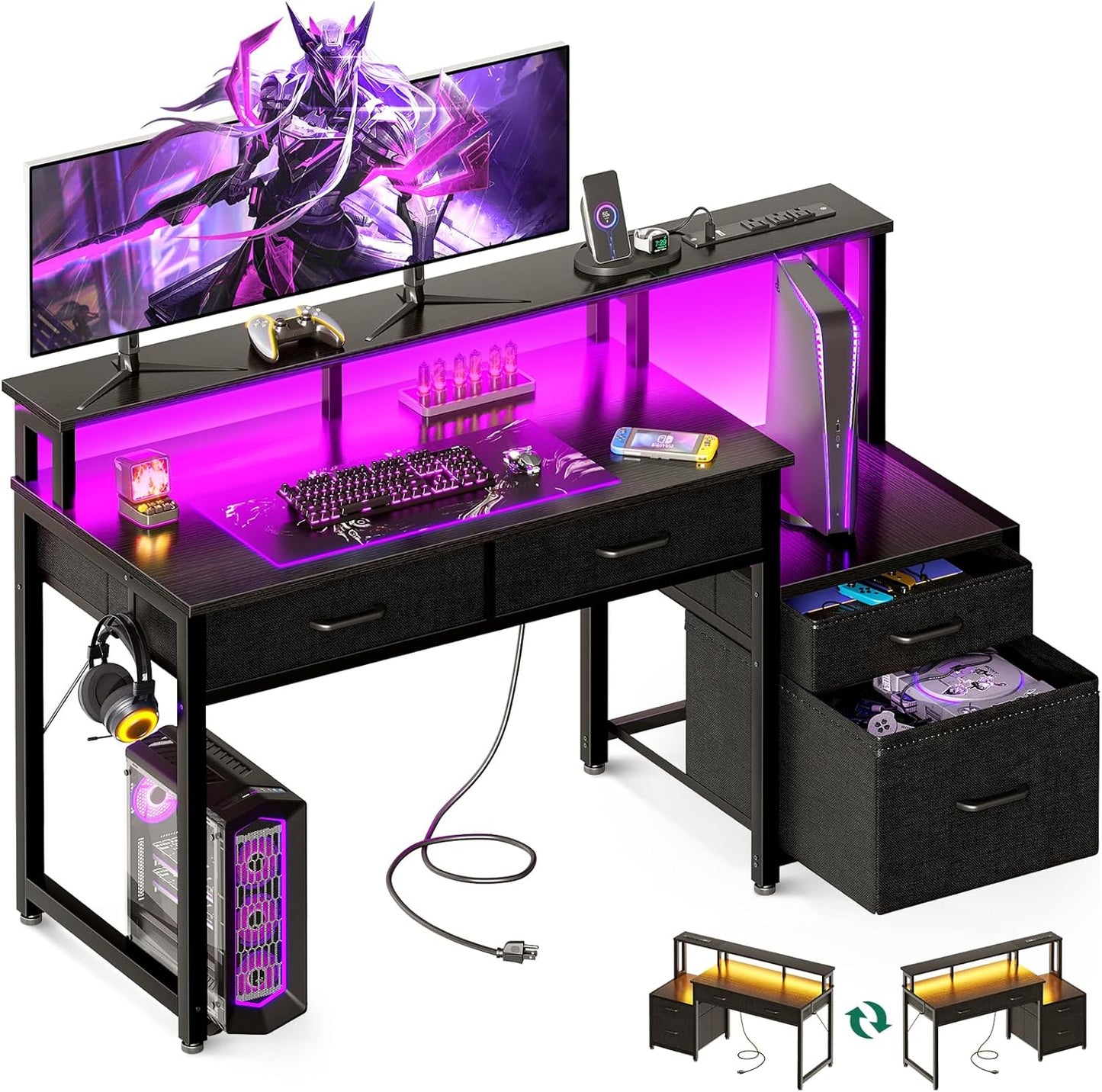 48-Inch Gamer Desk, Power Outlets, LED Lights & Monitor Stand