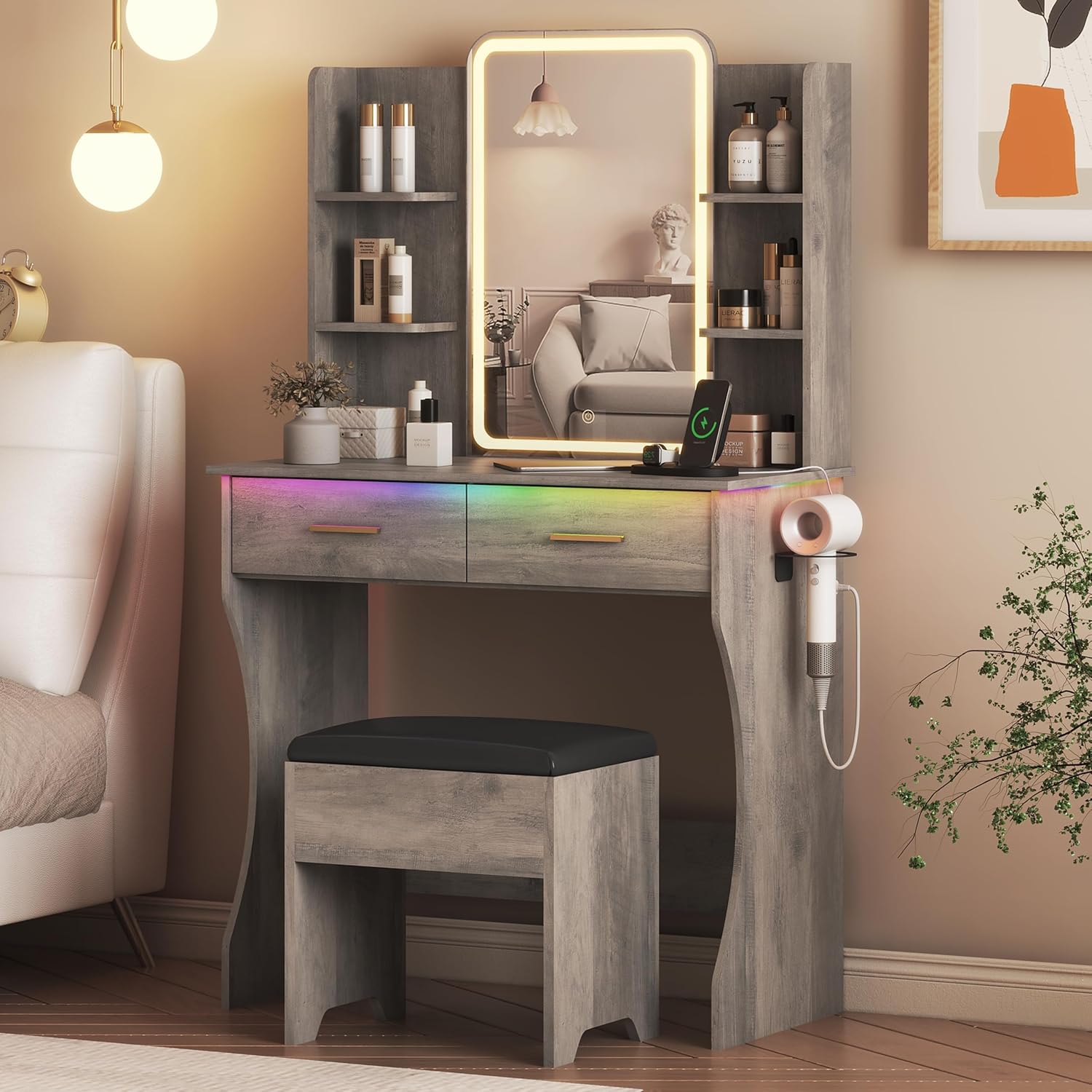Vanity Desk with LED Lights Mirror & Power Outlet for Makeup