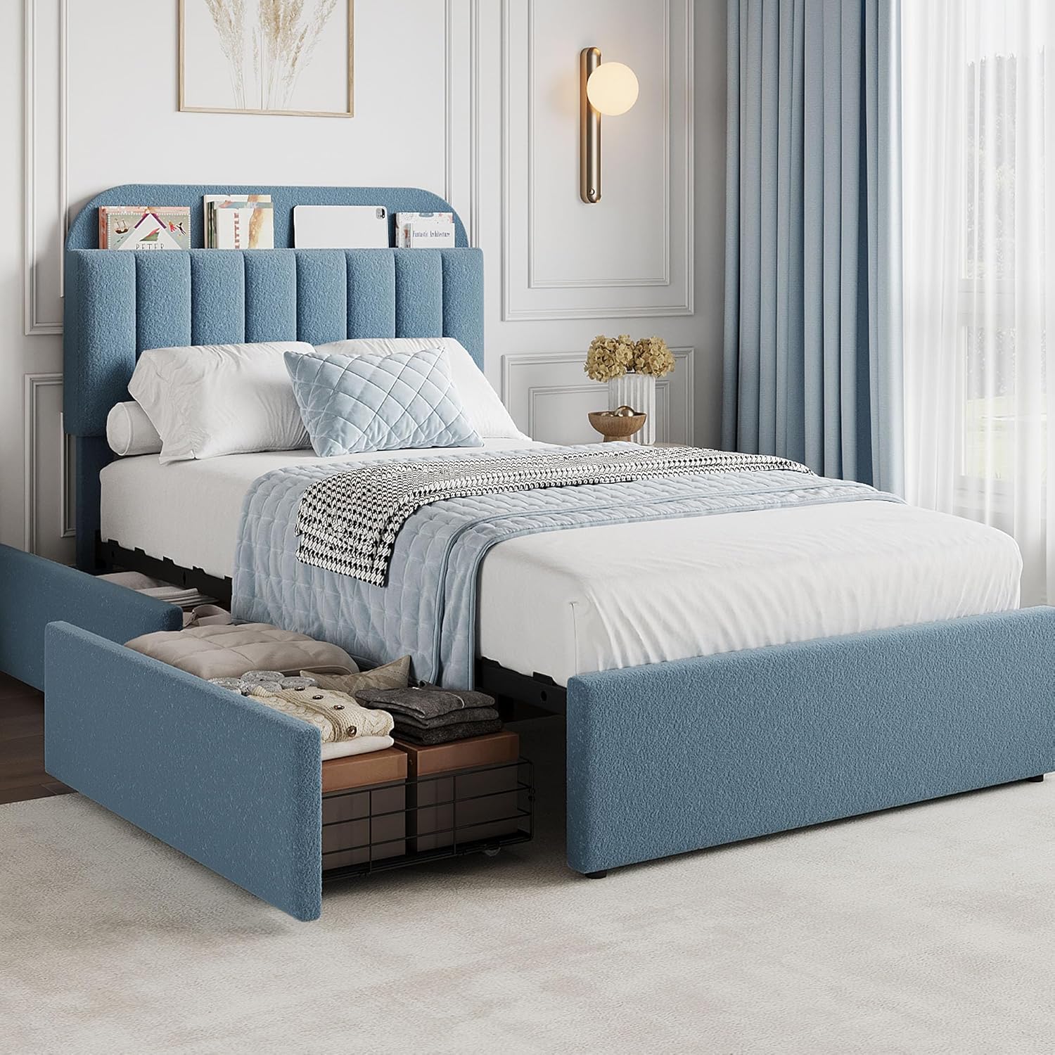 GarveeHome Twin Bed Frame with Storage Headboard for Kids