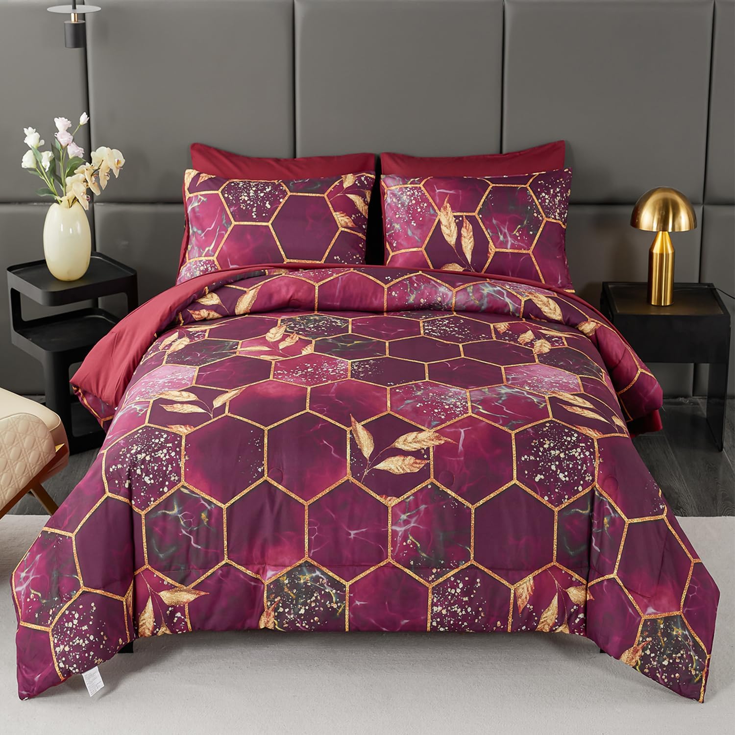 Luxurious Burgundy Gold California King Size Bed in A Bag Set