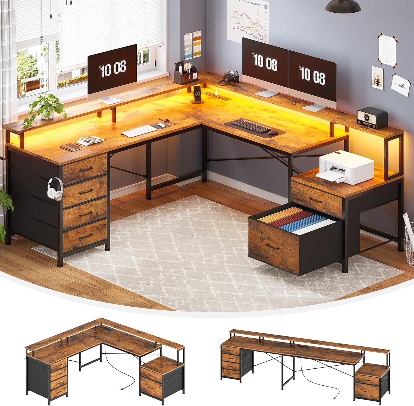 SEDETA L-Shaped Desk: 6 Drawer, Power Outlet, LED Lights