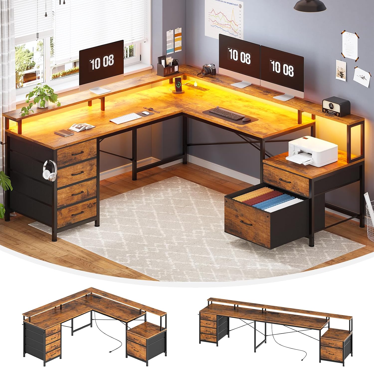 SEDETA L-Shaped Desk: 6 Drawer, Power Outlet, LED Lights