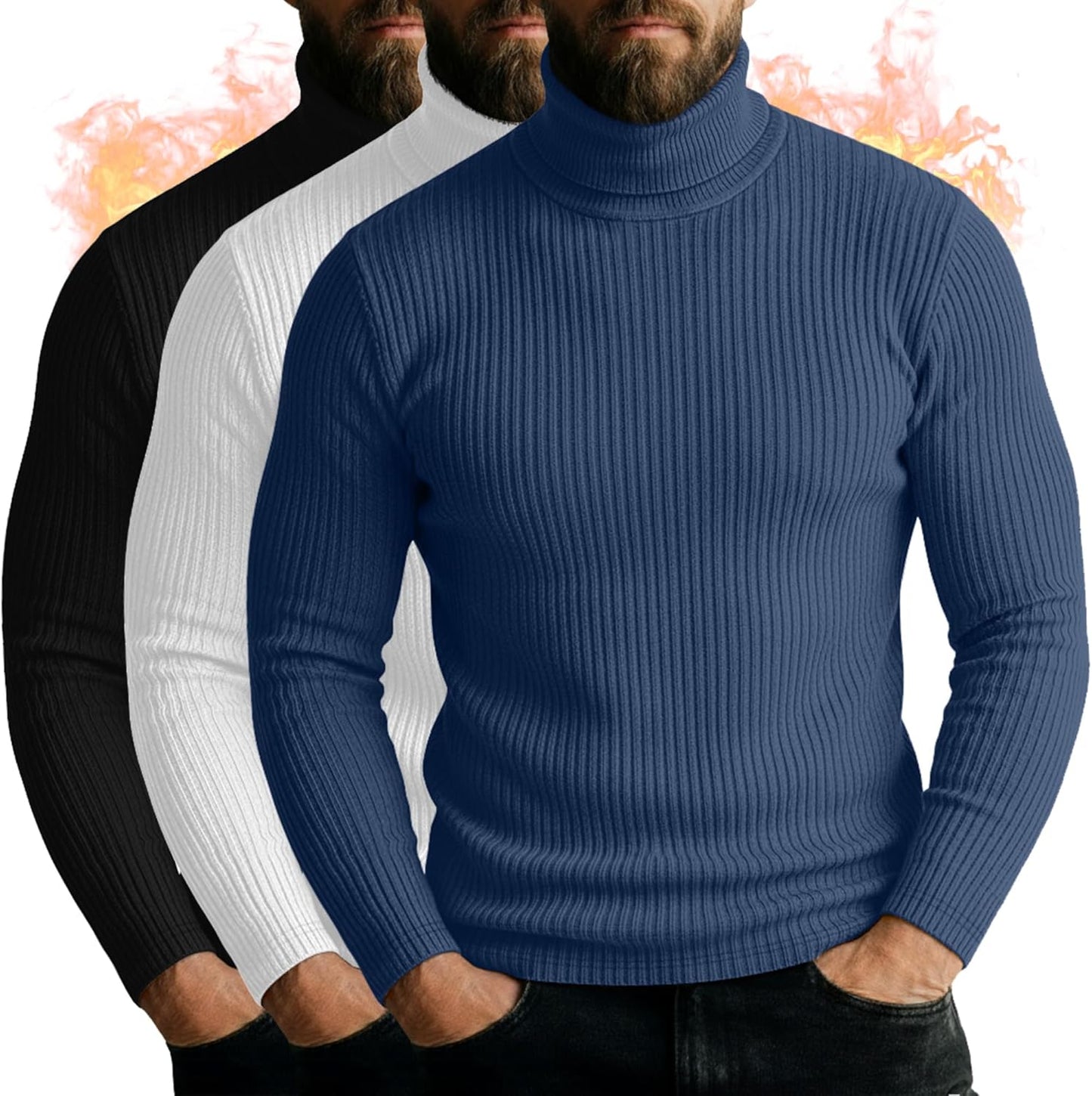Men's Turtleneck Long Sleeve Shirts - 3 Pack Casual Knit Tops
