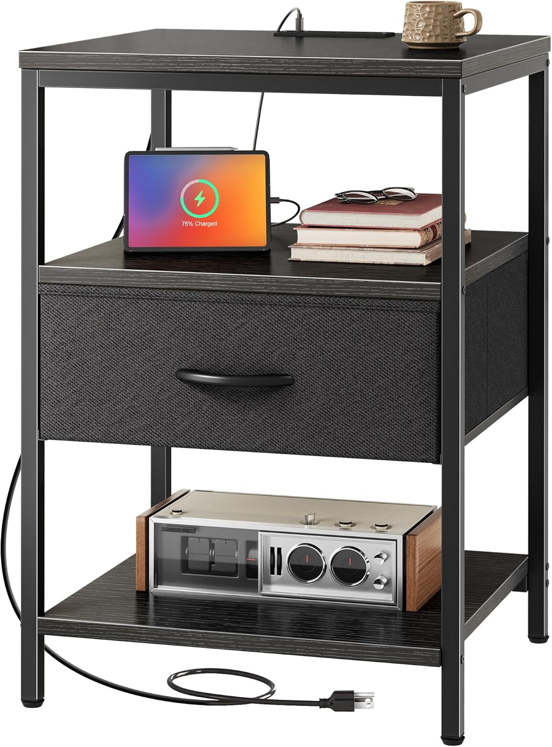 SUPERJARE Night Stand with Charger Station for Bedroom Use