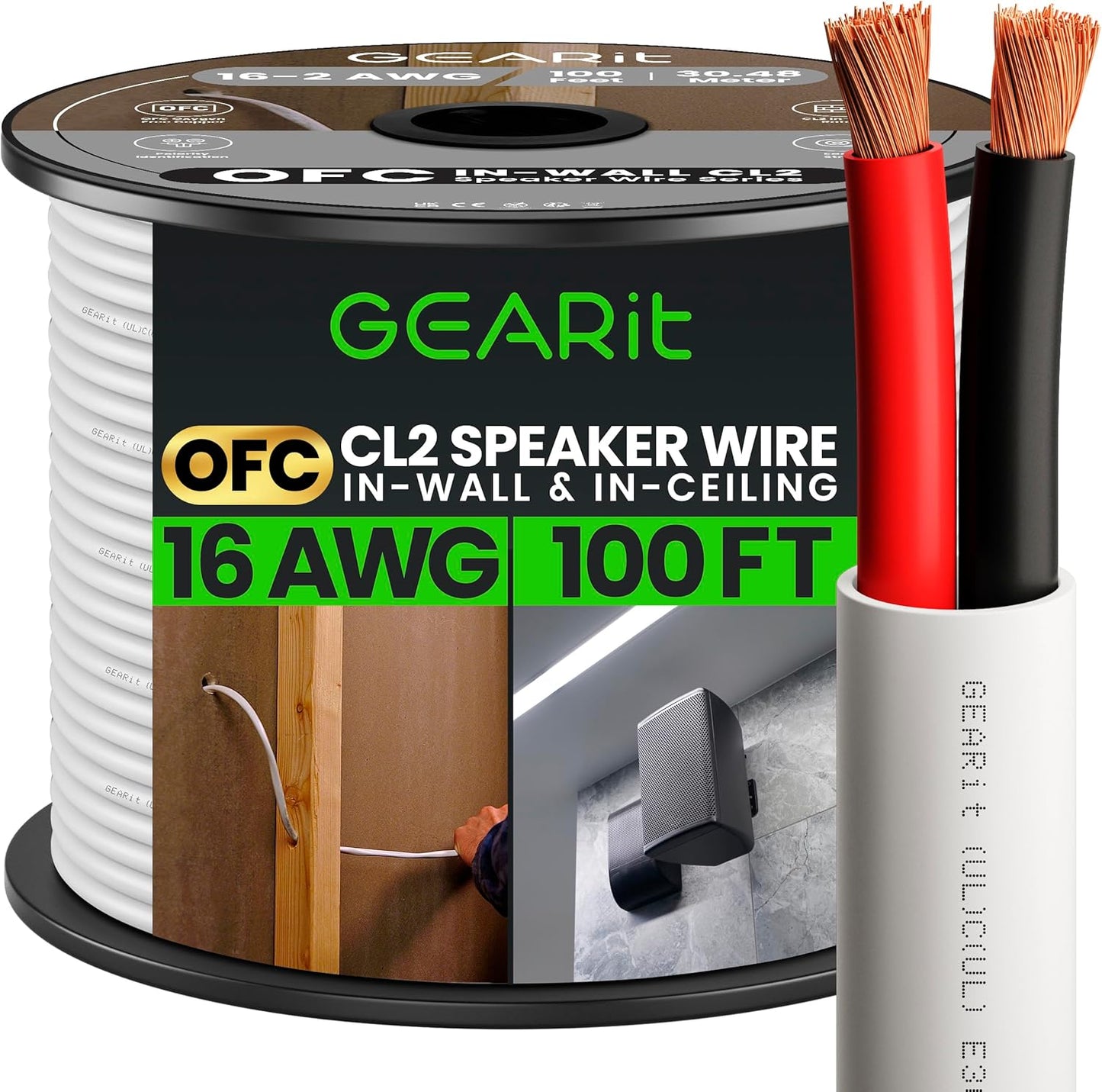 High-Quality GEARIT 16/2 Speaker Wire - 100ft OFC Copper