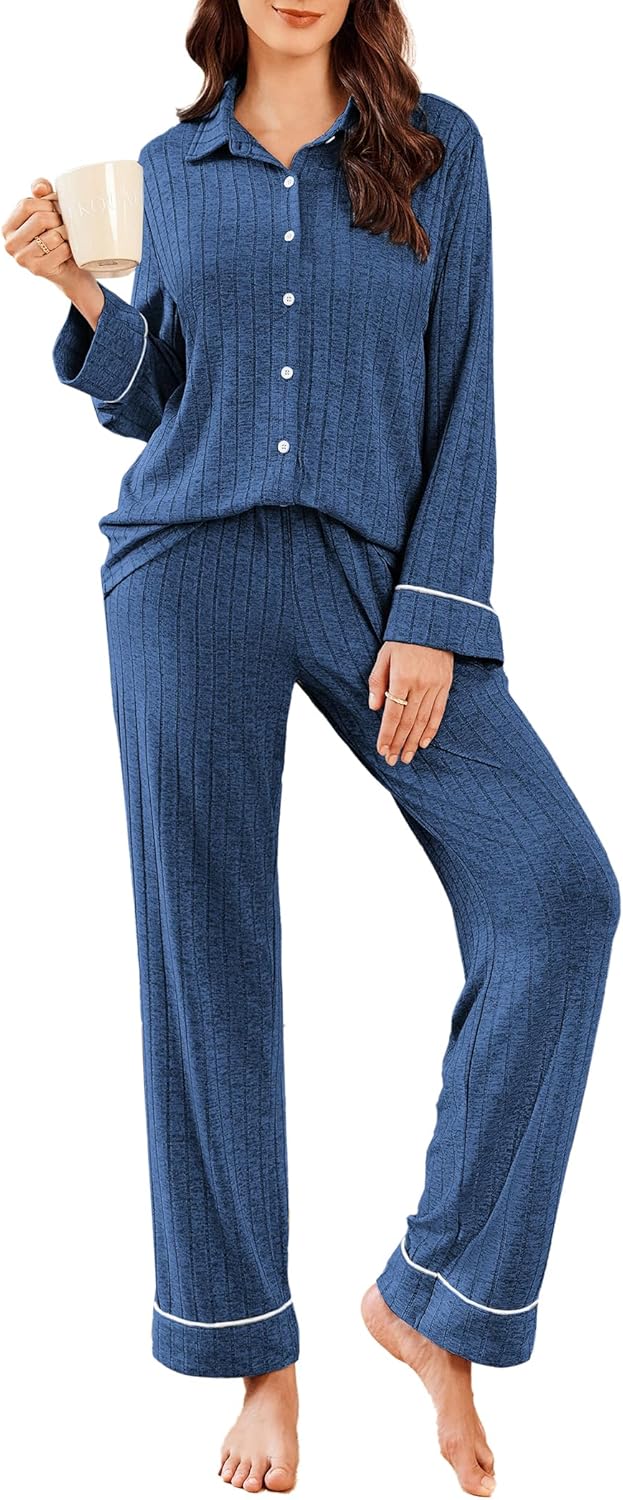 Ekouaer Womens Pajama Sets Long Sleeve Ribbed Knit Lounge Set
