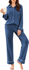 Ekouaer Womens Ribbed Knit Pajama Set - Soft Long Sleeve 2-Piece