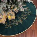 Green Christmas Tree Skirt Velvet 36 in - Embroidered Vintage Dark