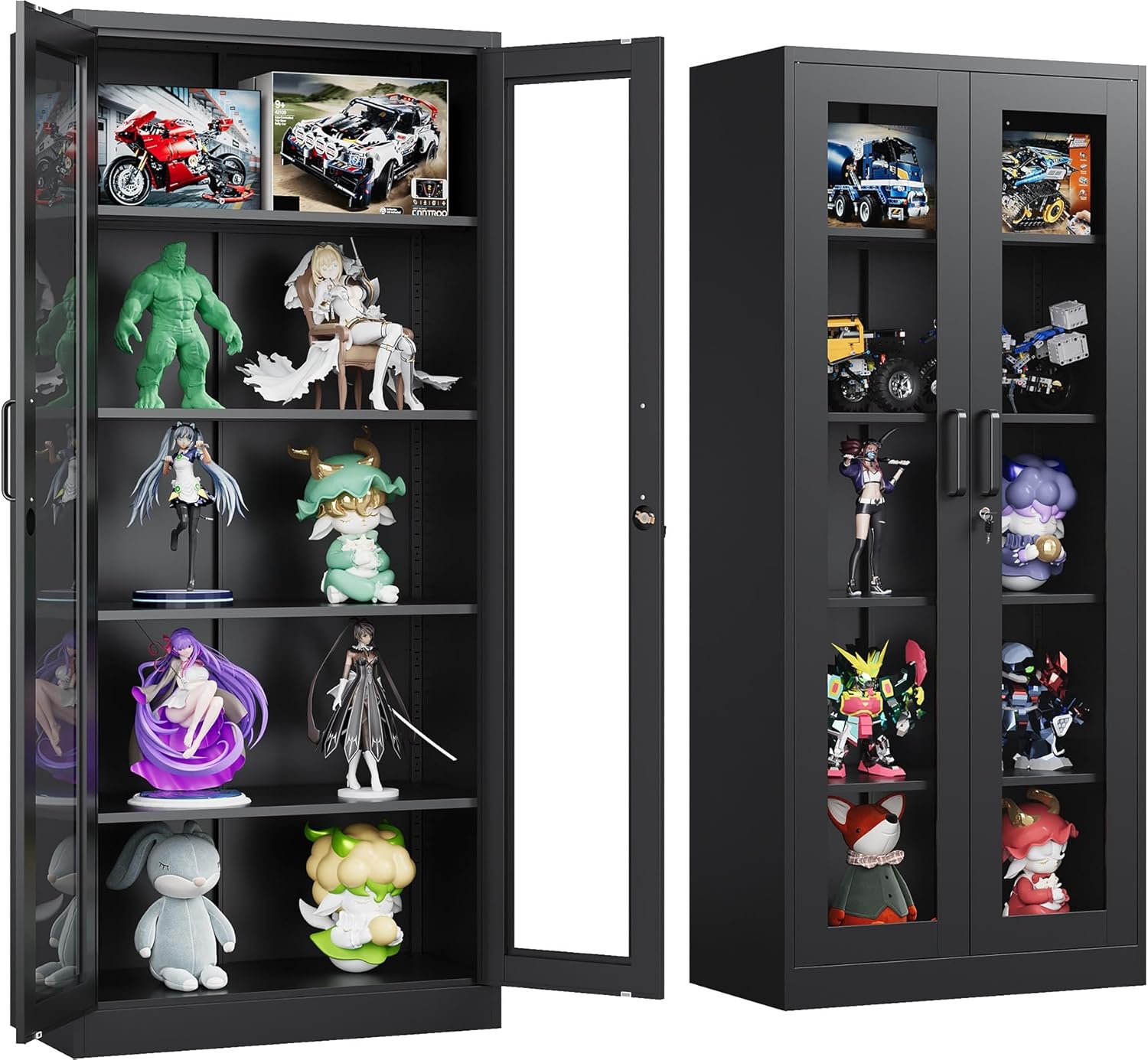 Metal Storage Cabinet with Lock and Glass Doors for Collectibles