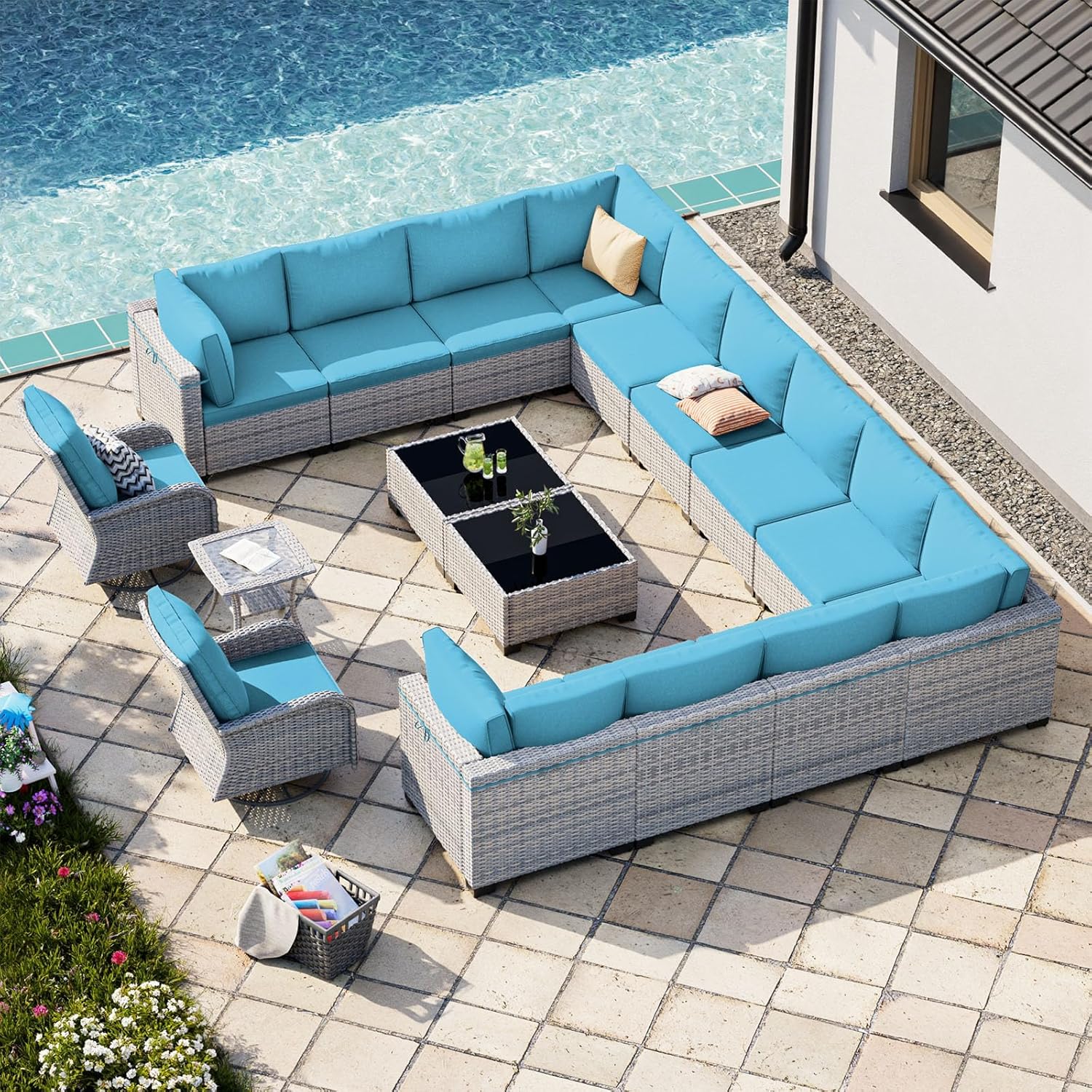 17-Piece Outdoor Patio Furniture Set with Swivel Chairs and Cushions