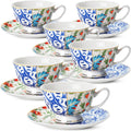 Vintage Tea Cups and Saucers Set of 6 (8 oz) - Indigo Bloom Elegance