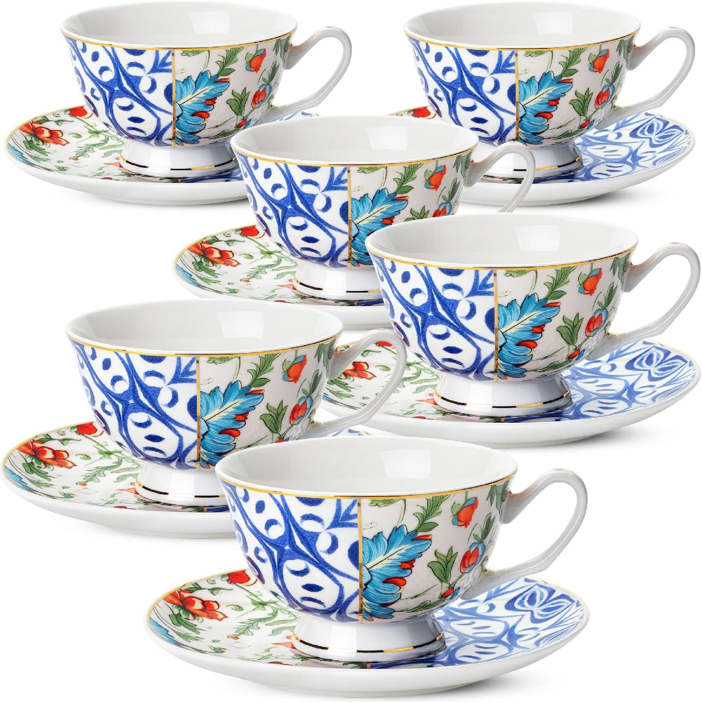 BTaT Vintage Tea Cups and Saucers Set of 6 for Elegant Tea Time
