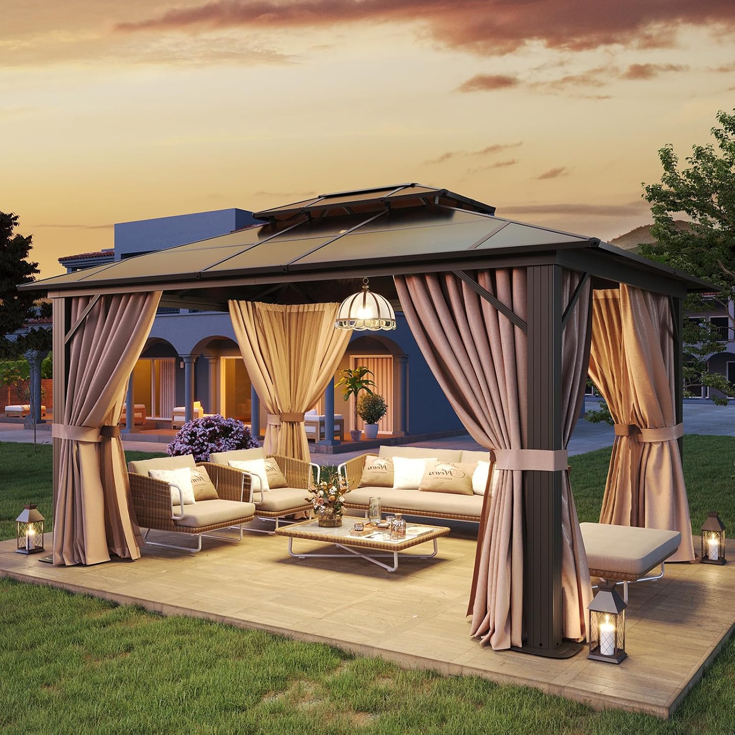 Aoxun 10ftx12ft Hardtop Gazebo with Double Roof Canopy Design