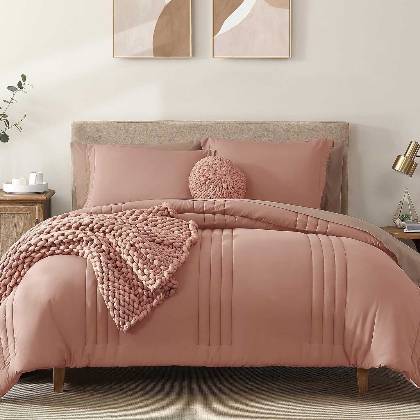 Monbix Full Comforter Set - 7 Pieces Clay Pink Bedding Set
