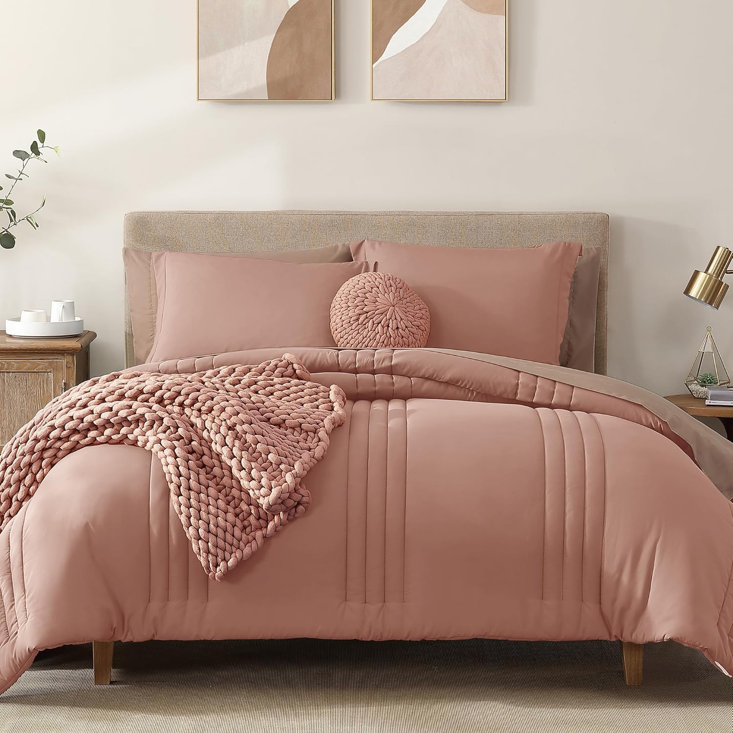 Monbix Full Comforter Set - 7 Pieces Clay Pink Bedding Set