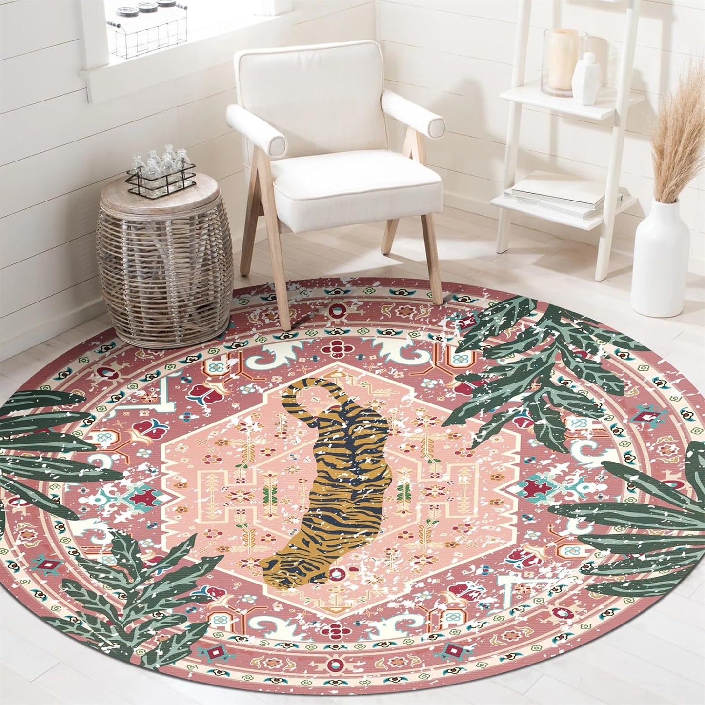 Washable Pink Rugs Thin Oriental Boho Vintage 6ft Round Area Rug