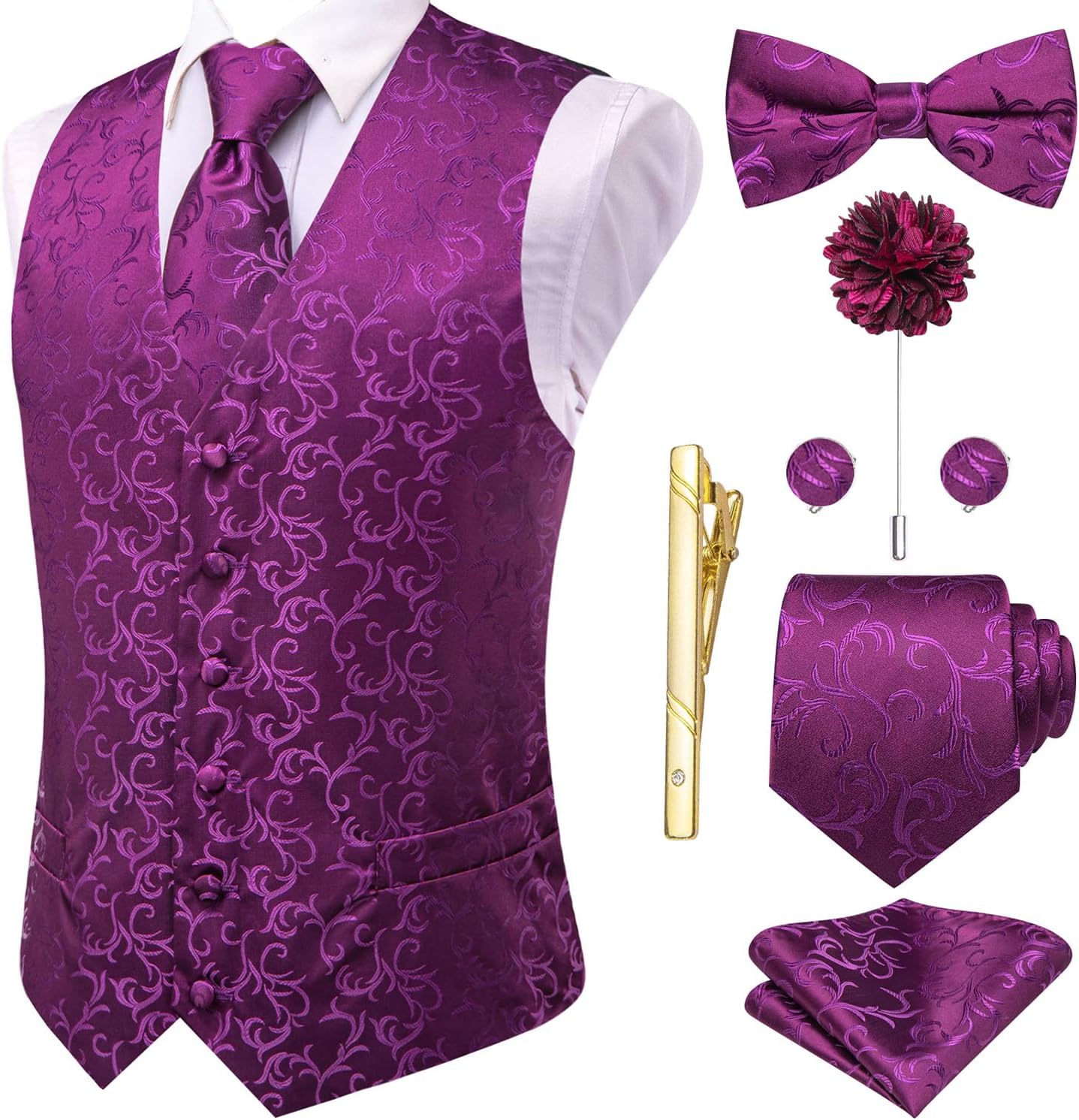 Hi-Tie Silk Mens Suit Vest Set with Tie and Bowtie for Weddings