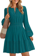 Fall Long Sleeve Mini Dress V Neck High Waist A Line - Flowy 2025