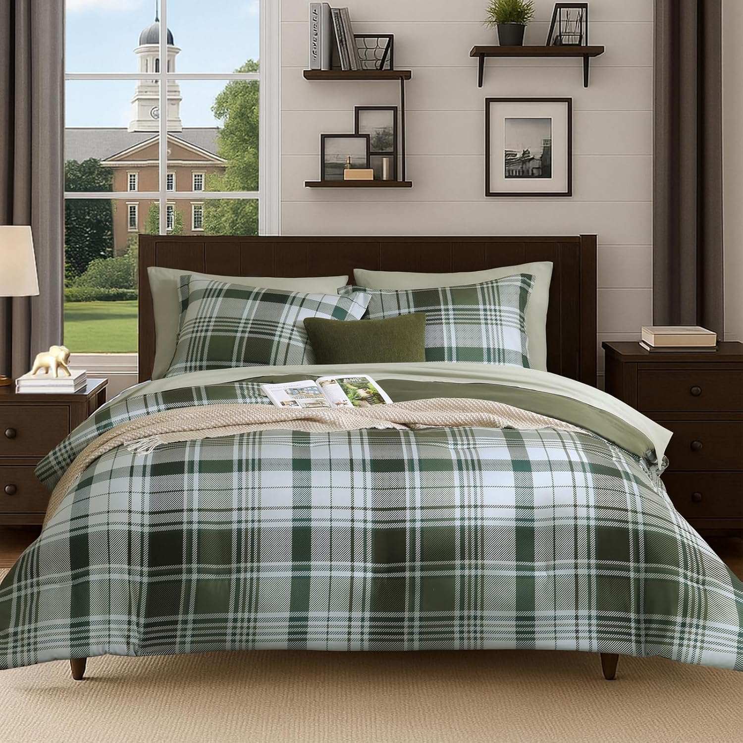 Plaid Queen Comforter Set Olive Green for Cozy Farmhouse Style