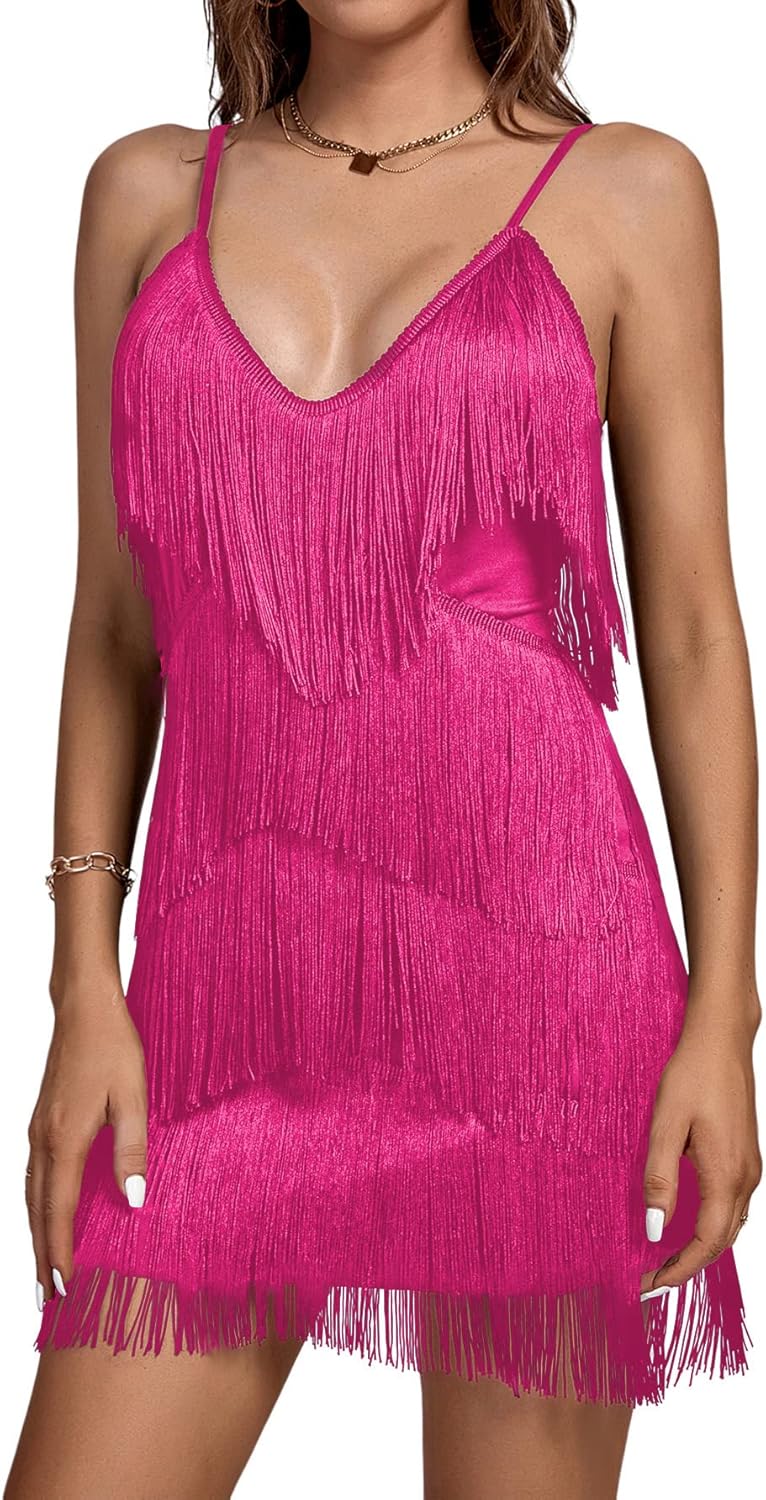 Umenlele Women's Layered Fringe Deep V Neck Cami Mini Dress
