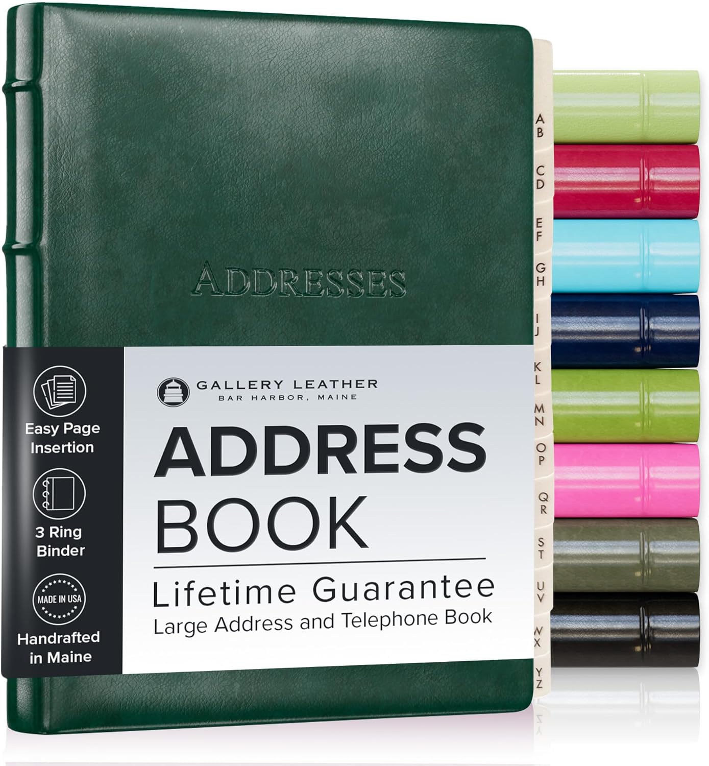 Large Leather Address Book with Tabs for 480 Contacts in Green