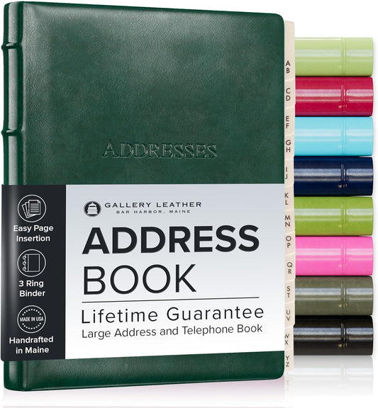 Large Leather Address Book with Tabs for 480 Contacts in Green