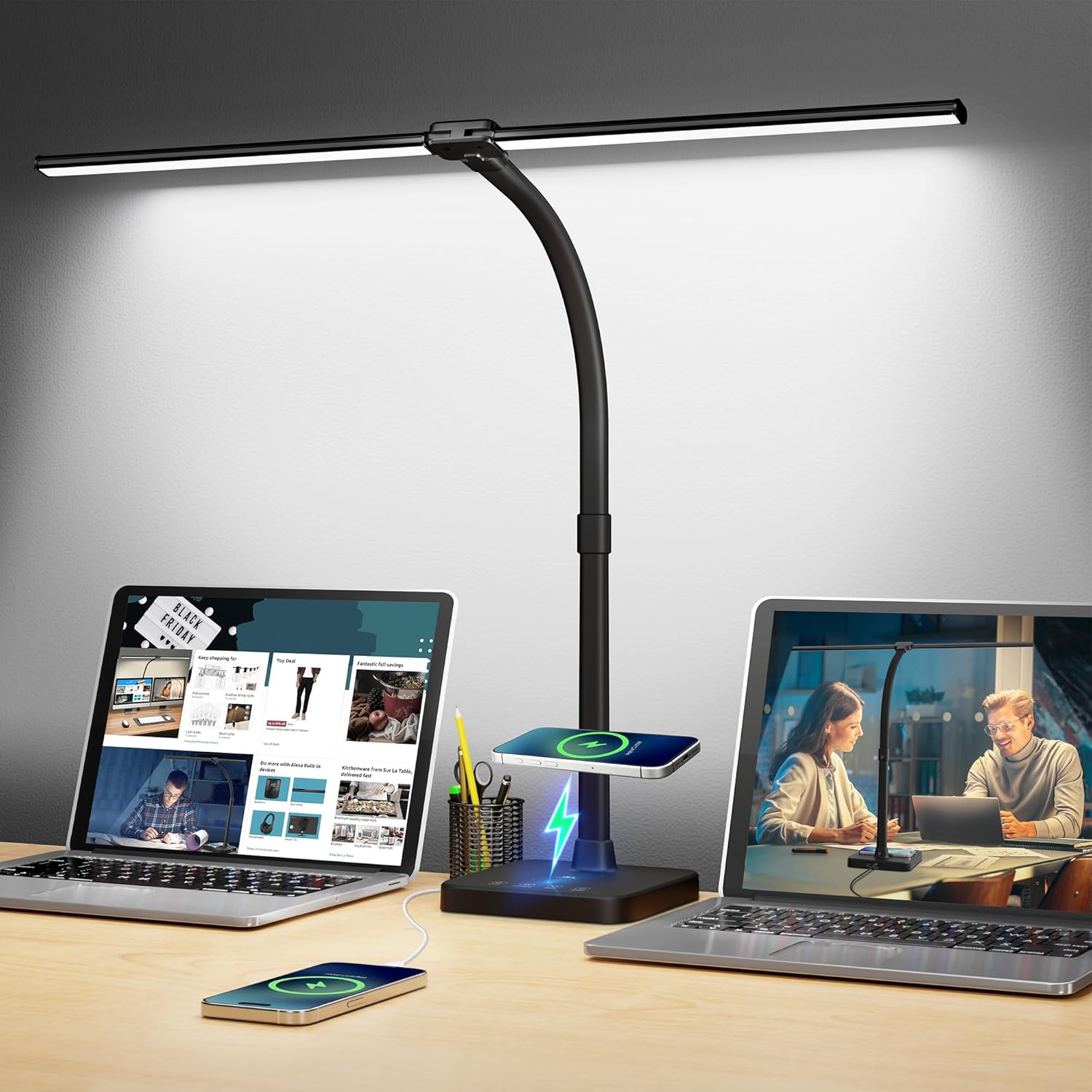 ShineTech 24W LED Desk Lamp: Dual Head, Wireless Charging