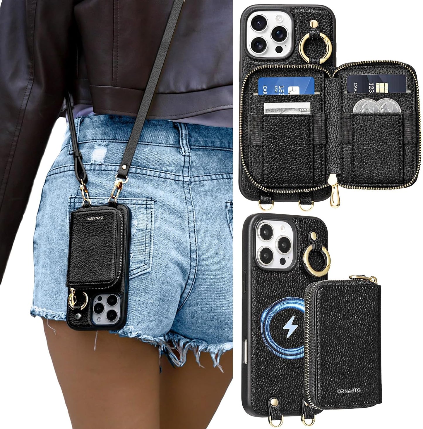 ORNARTO Magnetic Detachable Wallet Case for iPhone 16 Pro