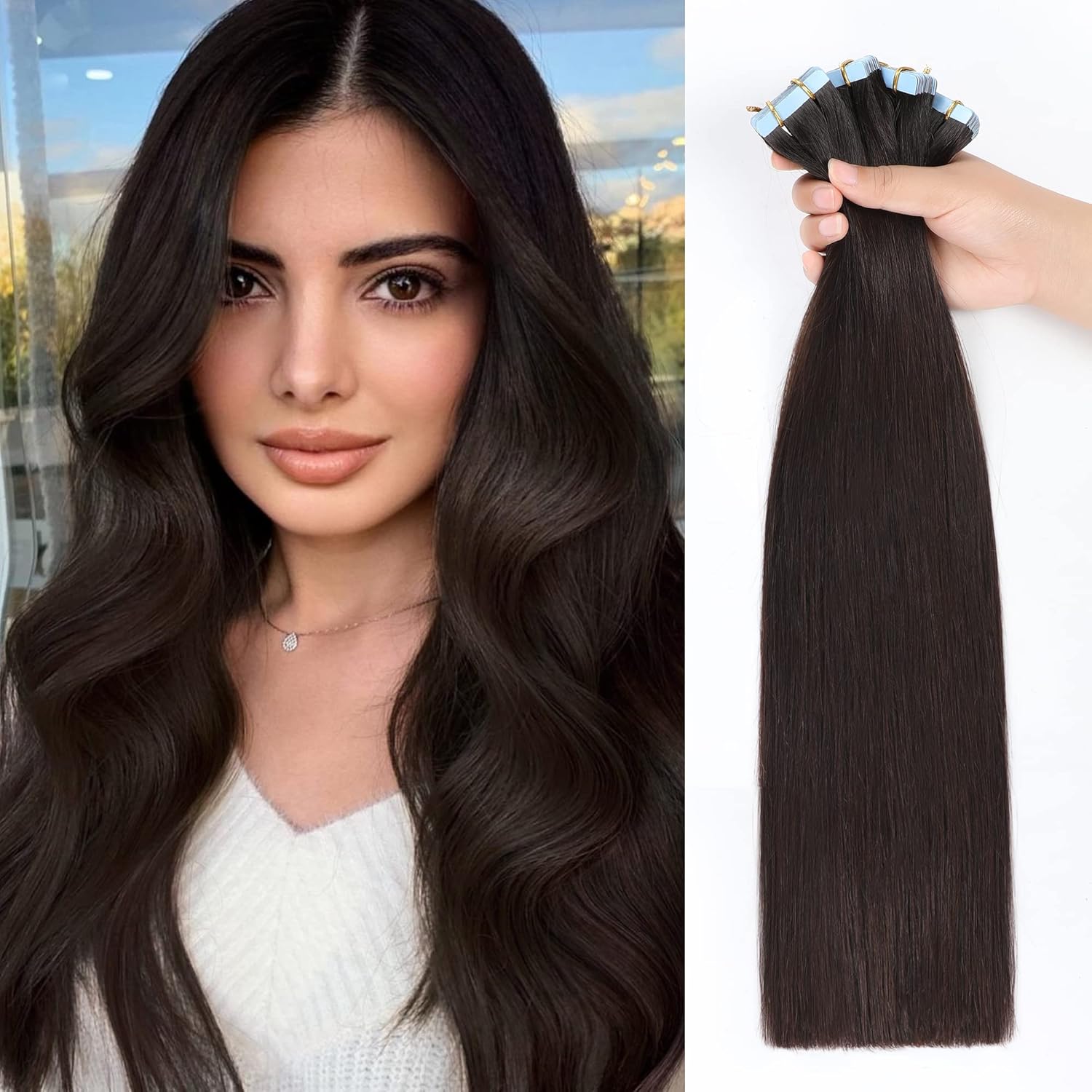 Tape in Hair Extensions Human Hair Straight Dark Brown 20 Inch