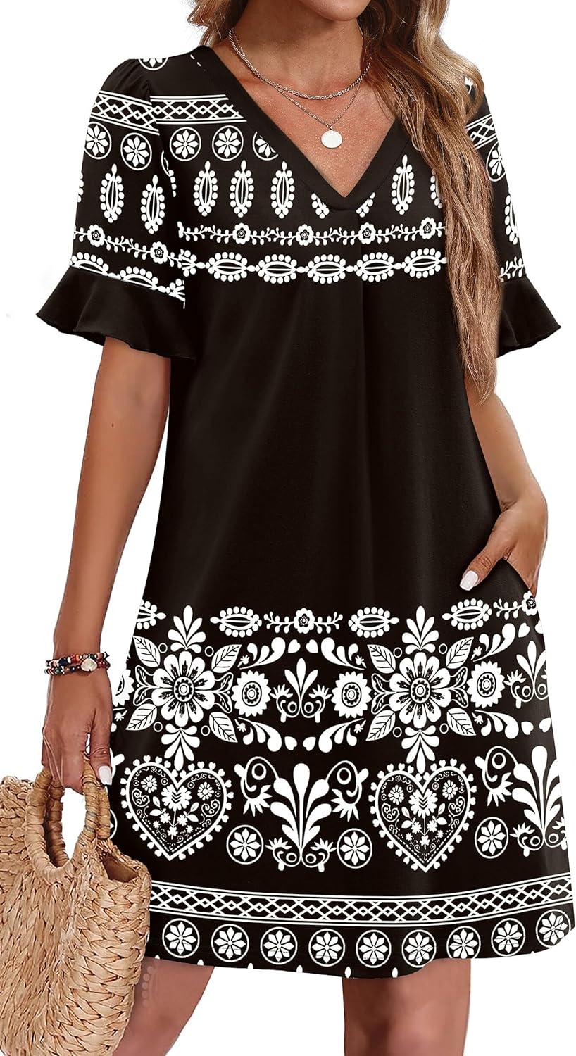 OFEEFAN Summer Dresses for Women with Ruffle Short Sleeves