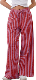 Women Drawstring Striped Wide Leg Pants - Casual Comfy Lounge