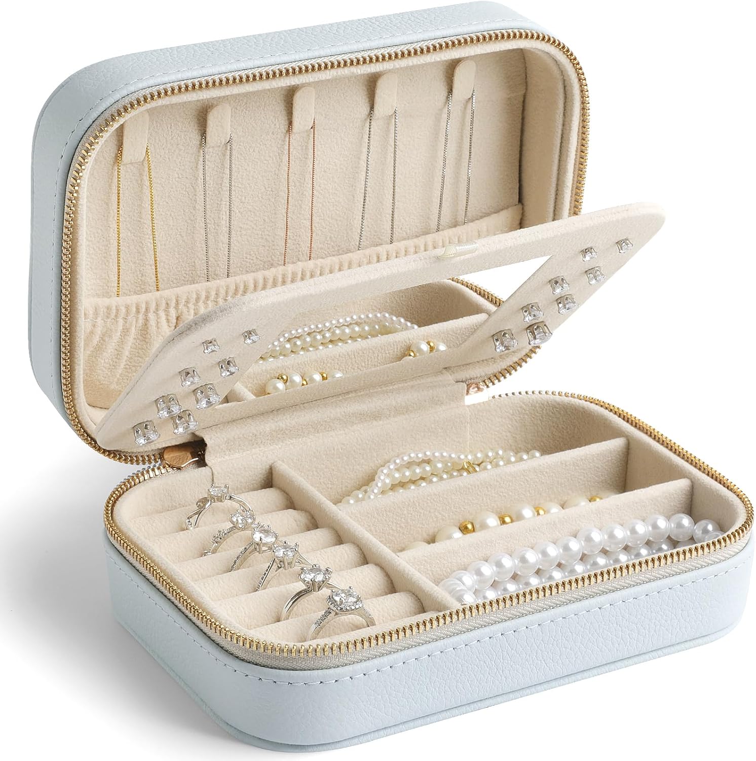 Genuine Leather Travel Jewelry Organizer Case with Mirror for Women