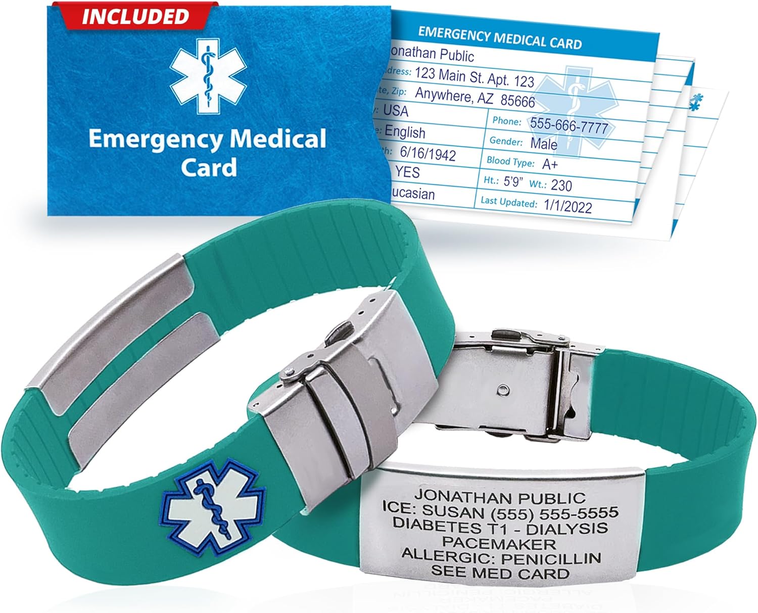Customizable Medical Alert Bracelet for Men & Women - Teal