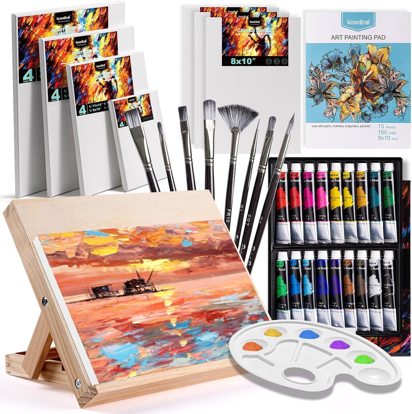 Acrylic Art Set with 18 Paints, Brushes, Canvases, and Easel
