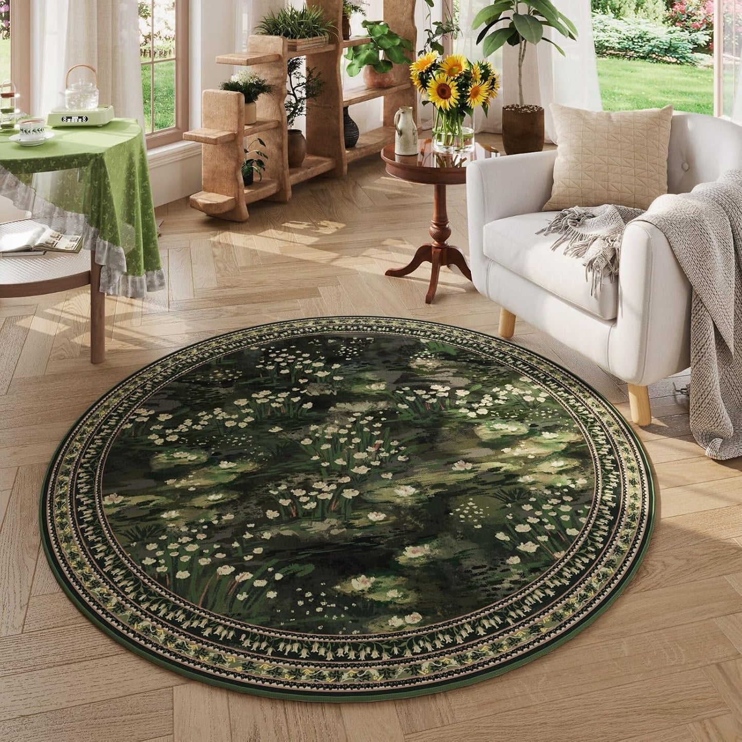 Impressionist-Style Vintage Round Rug for Bedroom and Office