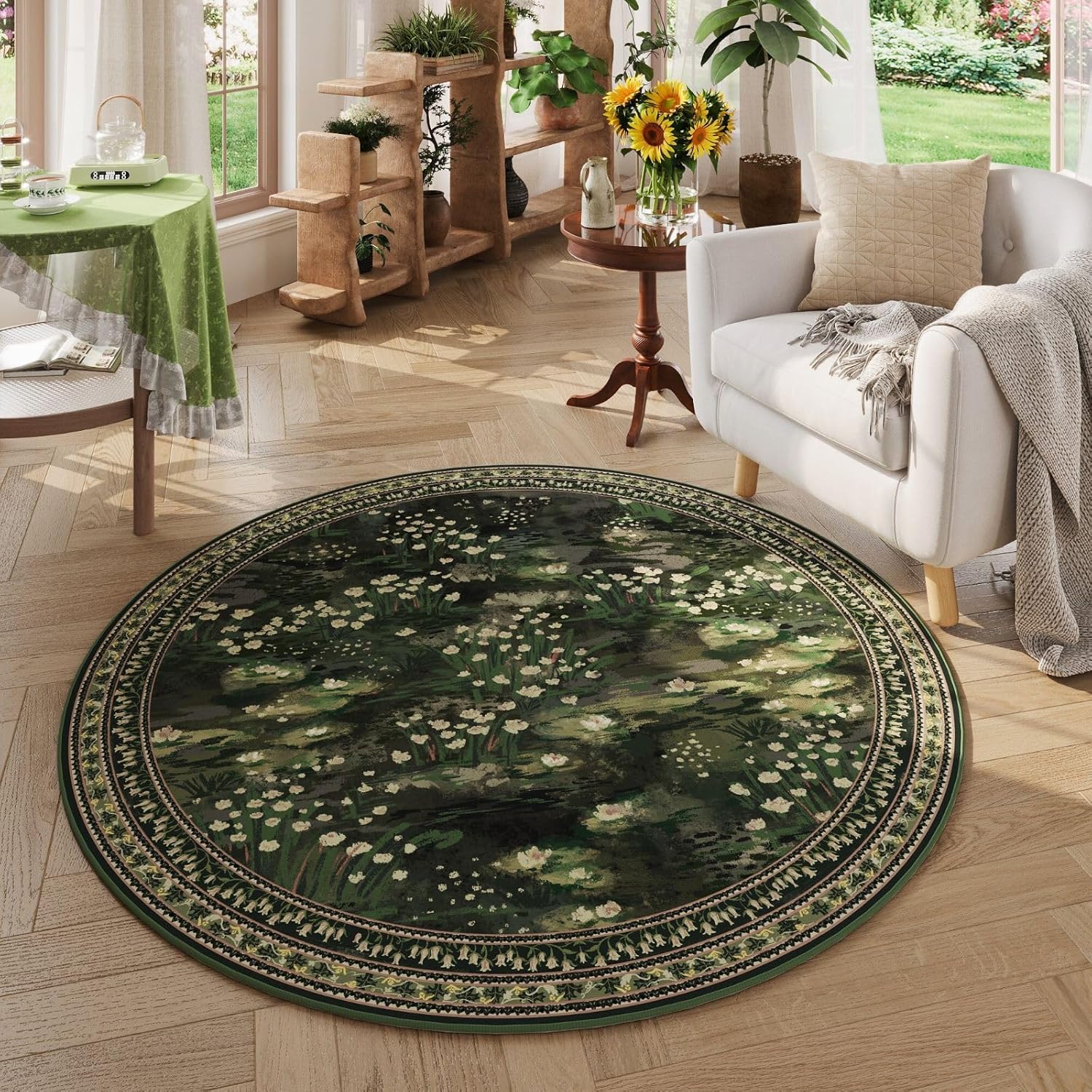 Impressionist-Style Vintage Round Rug for Bedroom and Office