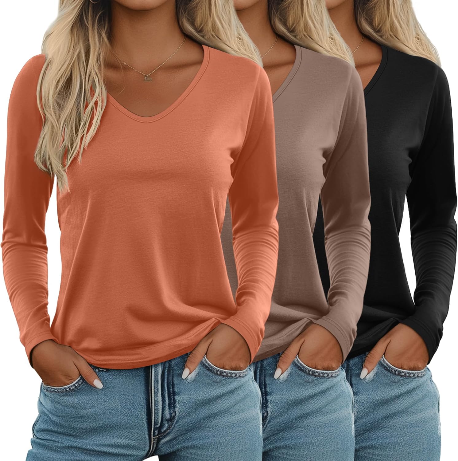 Ficerd Women's Long Sleeve V Neck T Shirts - Casual Trendy Tops