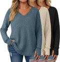 Plus Size Tunic Sweaters 3 Pack - Comfortable Ribbed V Neck Tops