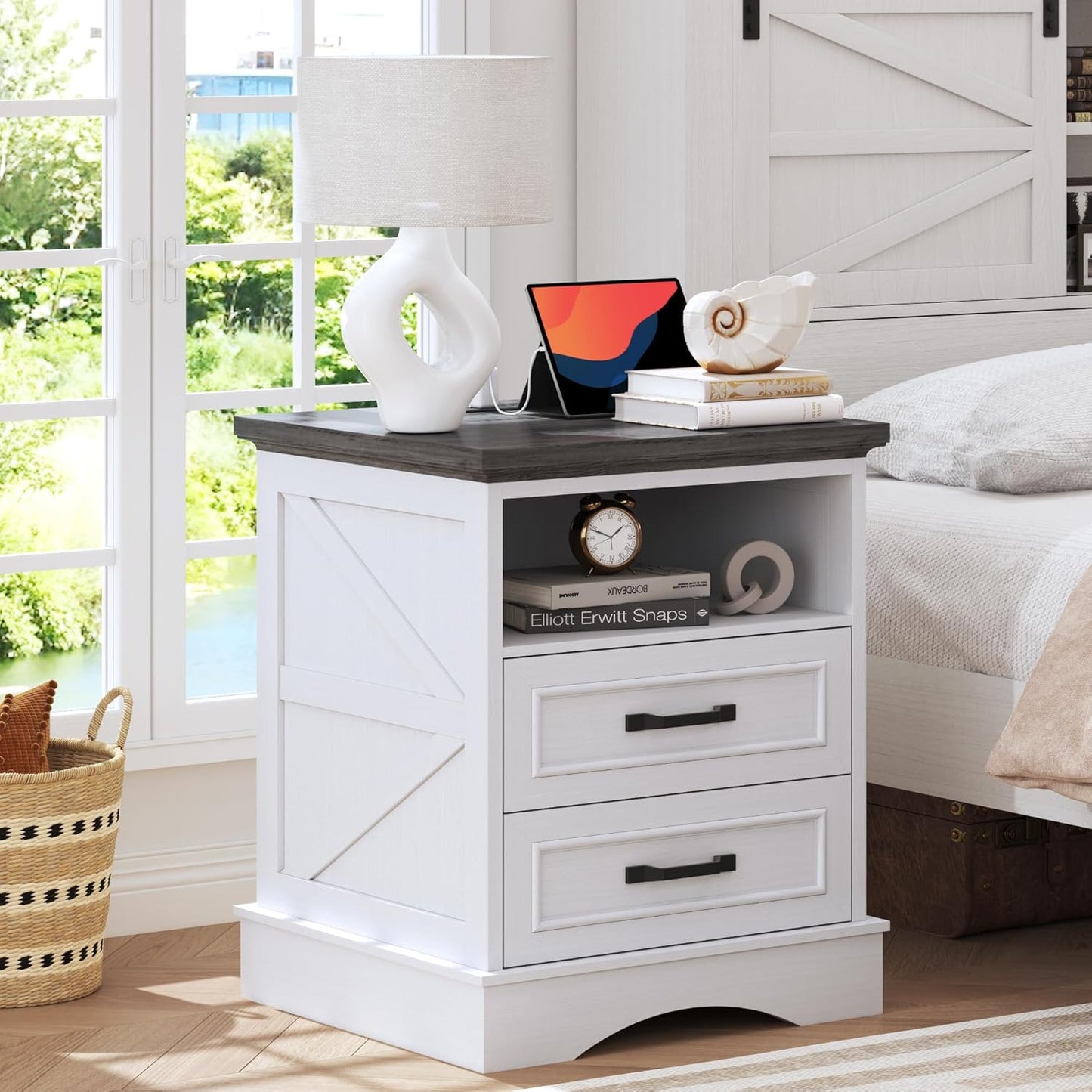 24 Tall Farmhouse Nightstand with Charging Station and Storage