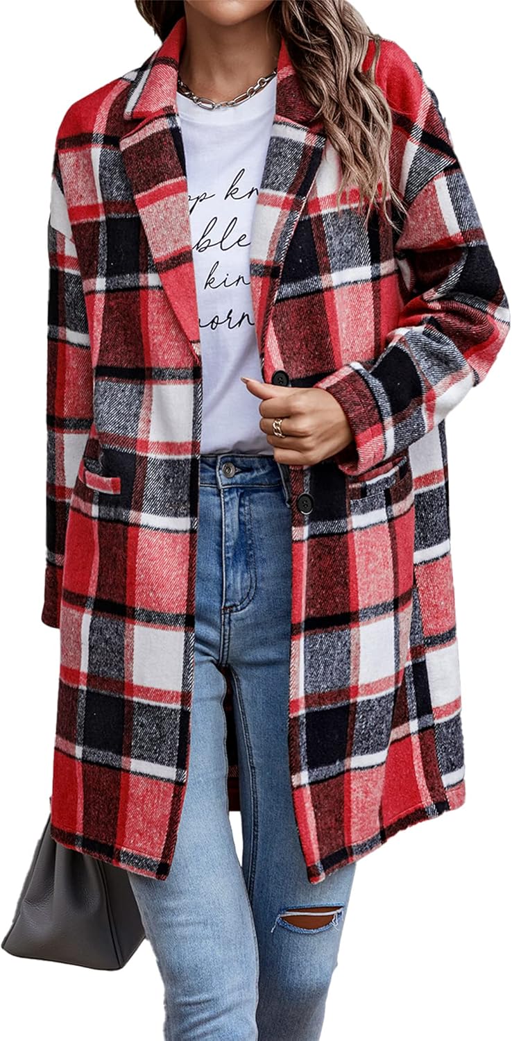 Trendy Fall Casual Plaid Shacket Jacket for Women with Pockets
