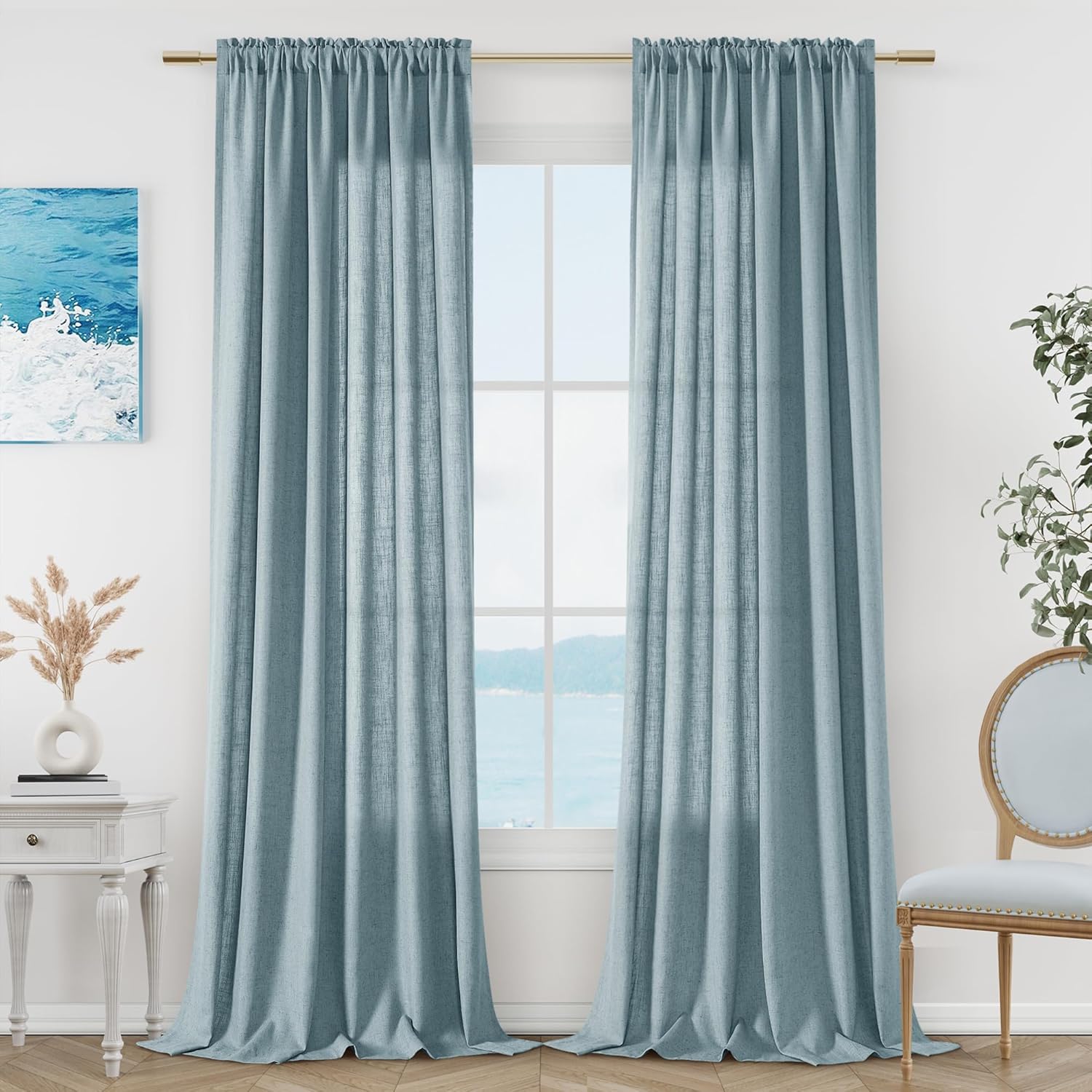 Guken Blue Linen Curtains 84 Inch Length for Cozy Home Decor