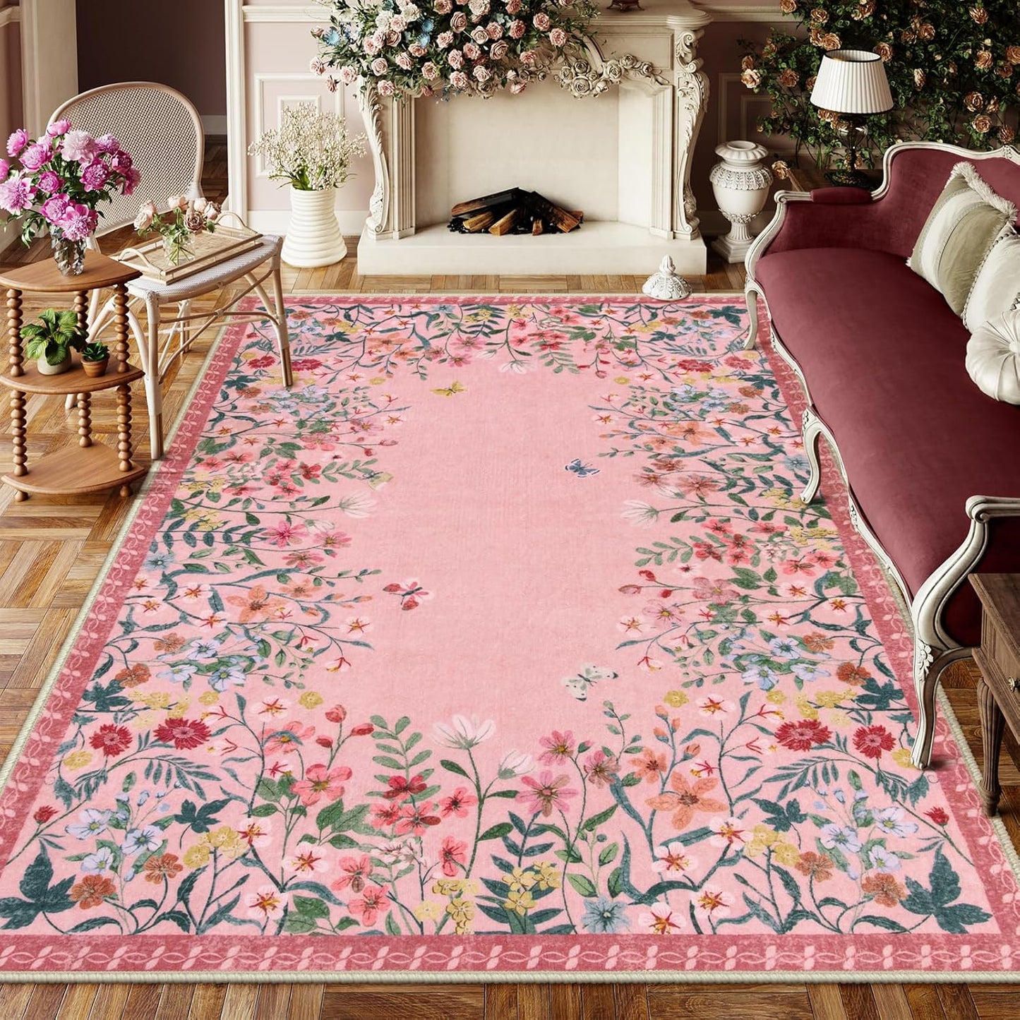 Wonnitar Washable Rug 6x9 with Pink Botanical Design for Kids