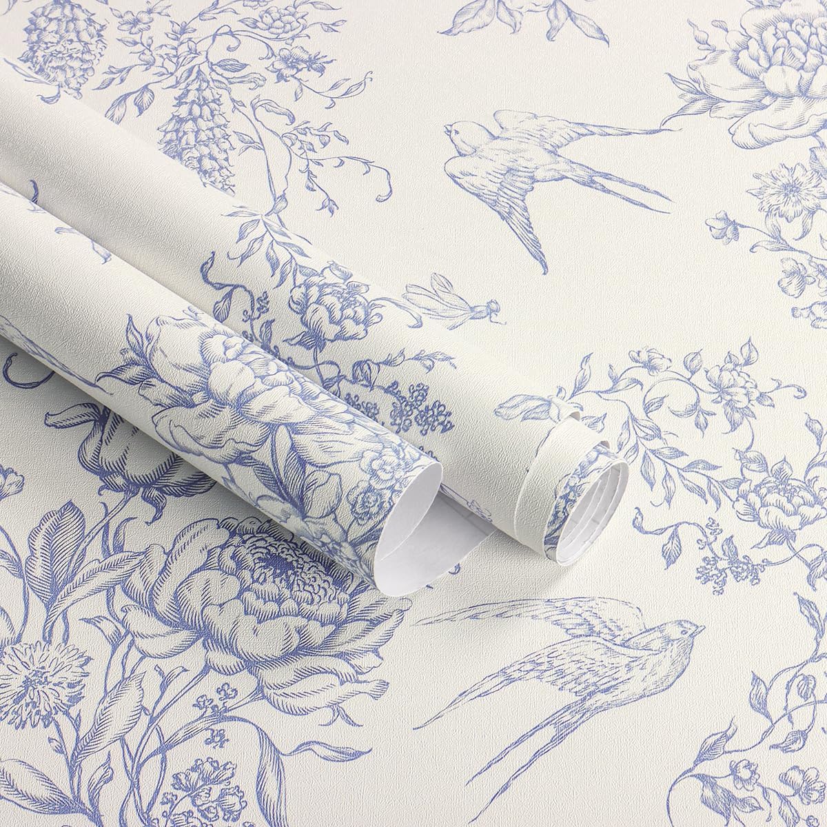 Blue and Cream White Floral Peel and Stick Wallpaper for Home