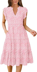 Womens Summer Ruffle Sleeve V Neck Midi Dress - Flowy (Style GF67)
