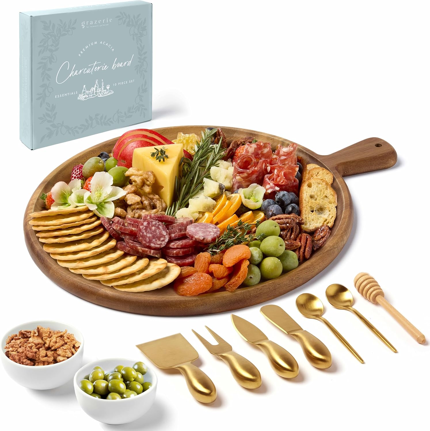 Charcuterie Board Gift Set - Acacia Round Serving Tray with Handle