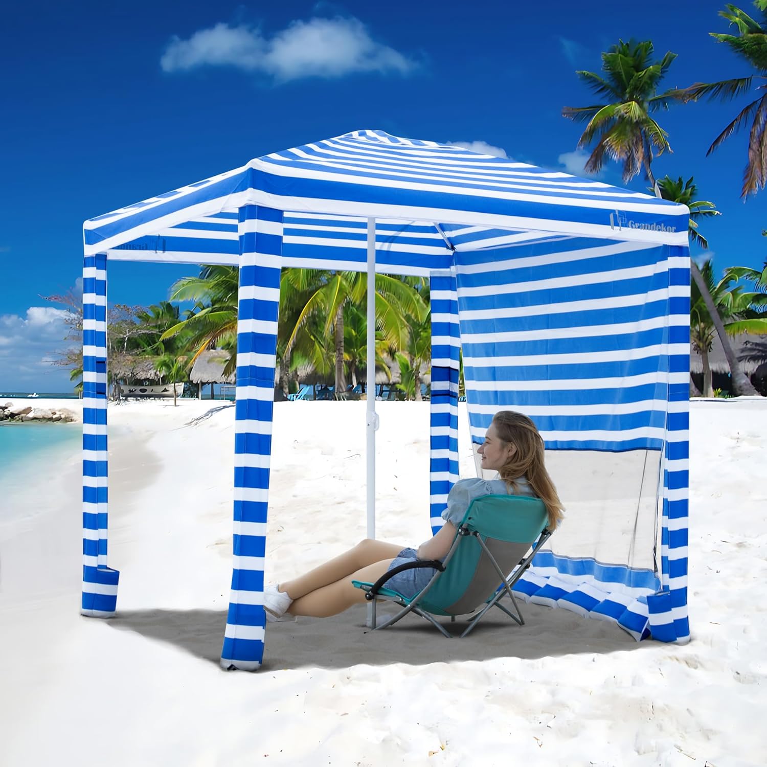 Grandekor 6ft 6in Beach Cabana with Privacy Sunwall and Sand Pockets
