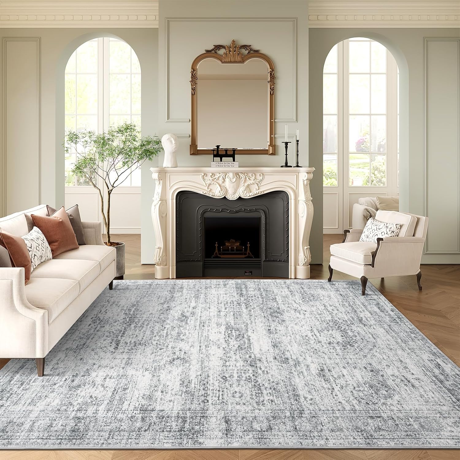 Washable Area Rug 8x10 for Living Room, Vintage Gray Design