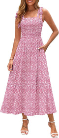 Womens Spaghetti Strap Floral Maxi Dress - Smocked, Pockets